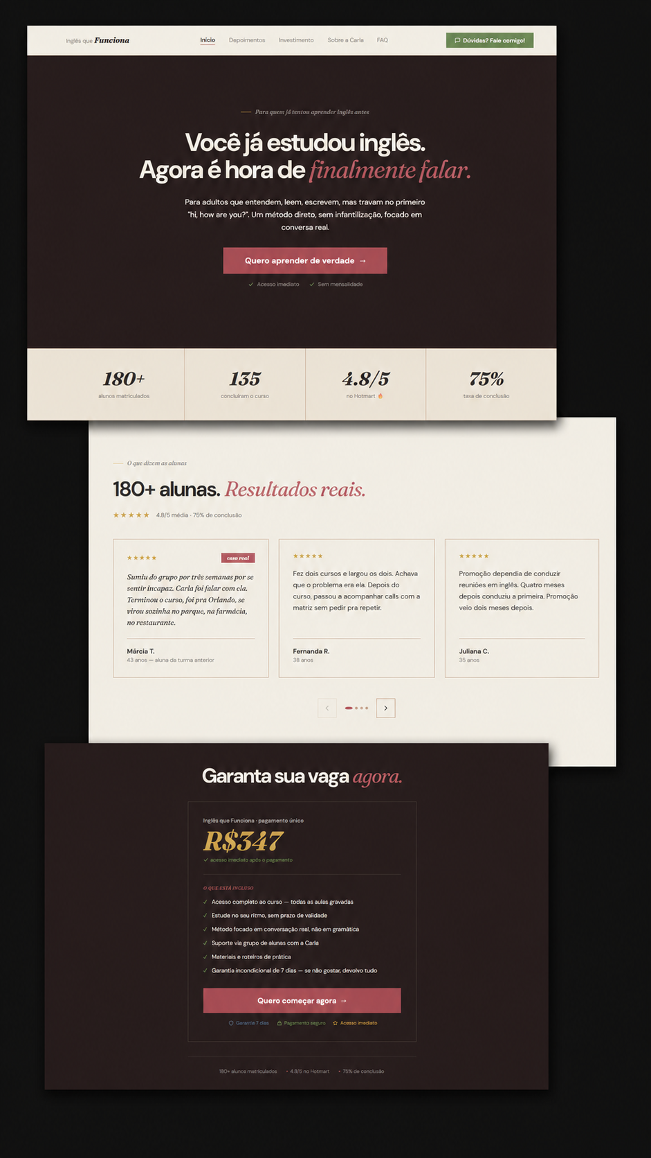 Mockup do case — landing page de inglês para Carla